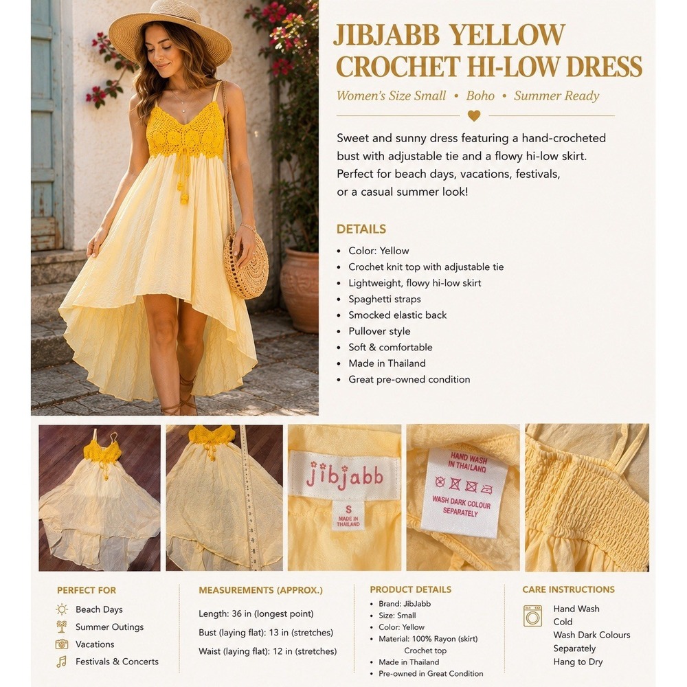 Jibjaab Yellow Crochet Hi Low Sundress Women's S Boho Beach Festival Dress